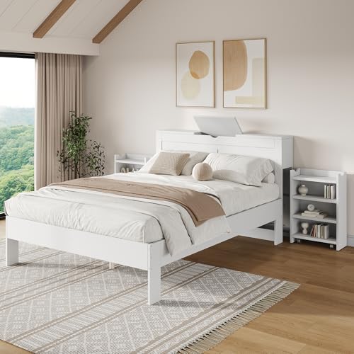 Lexiou Holzbett 140x200cm, Doppelbett mit Lattenrost und Kopfteil, Jugendbett mit 2 ausziehbaren Nachttischen, Stauraum am Kopfende, für Erwachsene und Jugendliche geeignet, einfache Montage von Lexiou