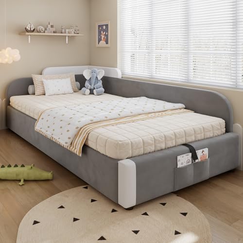 Lexiou Hydraulisches Bett mit Stauraum, Erhöhter weicher Zaun, Aufbewahrungstasche am Fußende des Bettes, Rechte Seitenplatte, Samt+Sperrholz, Grau, 90x200cm von Lexiou