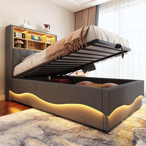 Lexiou Kinderbett 90×200 cm mit hydraulischem Stauraum APP-gesteuertes LED-Lichtband USB-Ladeanschluss Metall-Lattenrost Leinenpolsterung (Grau) von Lexiou