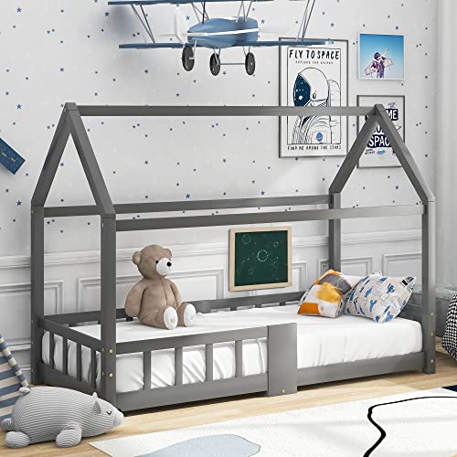 Lexiou Kinderbett Hausbett 90 x 200 cmHolzbett für Kinderzimmer inkl.Tafel Lattenrosten Rausfallschutz, aus Kiefernholz (Grau) von Lexiou