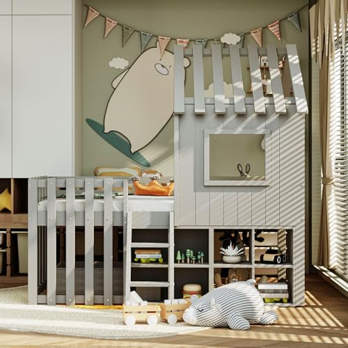 Lexiou Kinderbett Hausbett 90x200, mit Dach und Fenster, mit offenem Stauraum, mit Kletterleiter, Massivholz-Kinderetagenbett ohne Matratze (Grau) von Lexiou