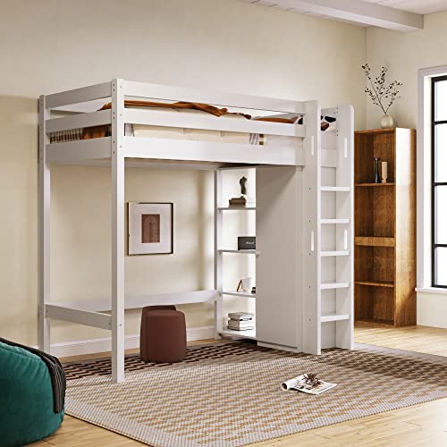 Lexiou Kinderbett Hochbett mit Kleiderschrank und 6 Regalen Einzelbett Liegefläche 90x200 cm -208x110x186(BxTxH) von Lexiou