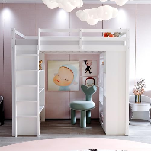 Lexiou Kinderhochbett 90x200 cm, Mit Mehrstufigen Regalen, Mit Einfachen Kleiderbügeln und Ablagefächern, Mit 1 Herausnehmbaren Organisationswagen, Viel Stauraum, Jugendbett, Einzelbett (Weiß) von Lexiou
