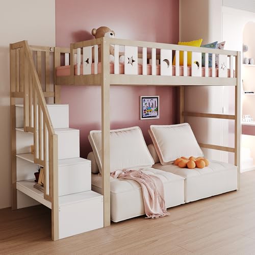 Lexiou Kinderhochbett 90x200cm mit Stauraum-Kletterleiter, Massivholz-Einzelbett mit Sicherheitsgeländern, Stern- und Monddekoration (Holzfarbe) von Lexiou