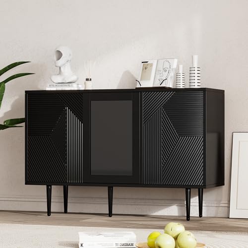Lexiou Kommode mit 3 Türen, mit Metalfüßen und Glastüren,120 x 38 x 79.5 cm (Schwarz) von Lexiou