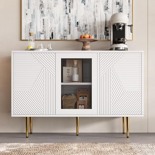 Lexiou Kommode mit 3 Türen, mit Metalfüßen und Glastüren,120 x 38 x 79.5 cm (Weiß) von Lexiou