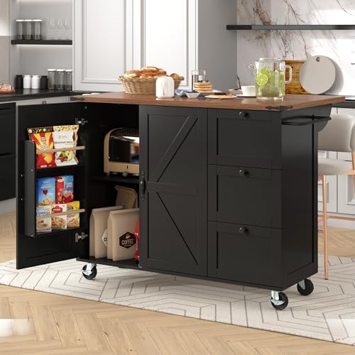 Lexiou Kücheninsel, Servierwagen mit ausziehbarer Arbeitsplatte, Küchenschrank,Küchentrolley,Speisewagen mit Holzmaserung, Speisewagen mit Zwei Türen und DREI Schubladen (Schwarz) von Lexiou
