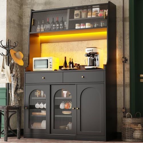 Lexiou Küchenschrank, hohe Möbel, Vitrine, Buffetschrank mit verstellbaren Regalen, Esszimmermöbel mit 2 Schubladen, Sideboard mit LED-Beleuchtung, variable Lichtfarben, Schwarz von Lexiou