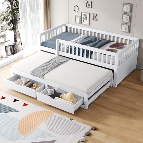 Lexiou Massivholz-Schlafsofa 90x200 cm, Vollverkleidetes Sicherheitsgitter, Ausziehbares Bett mit 2 Schubladen Darunter, Mit Lattenrost, Kinderbett Jugendbett Gästebett Erwachsene (Weiß) von Lexiou