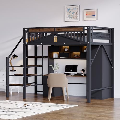 Lexiou Metall-Hochbett 140 x 200 cm, Einzigartige Gehäuseform mit Fensterdesign, Mit Sicherheitsleiter, Viel Stauraum Unter Dem Bett (Schwarz) von Lexiou