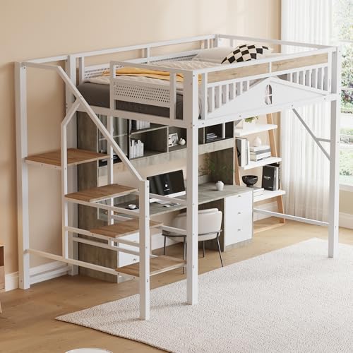 Lexiou Metall-Hochbett 140 x 200 cm, Einzigartige Gehäuseform mit Fensterdesign, Mit Sicherheitsleiter, Viel Stauraum Unter Dem Bett (Weiß) von Lexiou