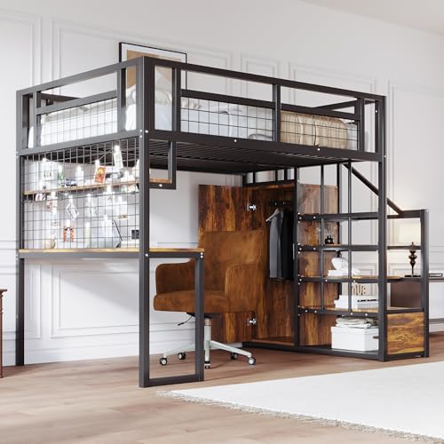 Lexiou Metall-Hochbett 140 x 200 cm Mit Aufbewahrungsleiter und Einfachem Kleiderschrank, Mit Ablage, Tisch und Netzregal. Stabiler Metallrahmen, Hochbett, (Schwarz) von Lexiou