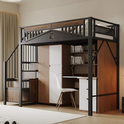 Lexiou Metall-Hochbett 90 x 200 cm, Einzigartiges Sicherheitsgehäuse mit Fenster, Sicherheitsleiter mit Spind (Schwarz) von Lexiou