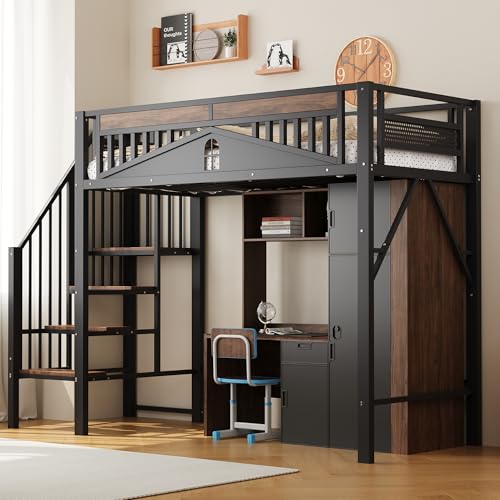 Lexiou Metall-Hochbett 90 x 200 cm, einzigartige Sicherheitsumrandung mit Fenster, mit Sicherheitsleiter, genügend Platz unter dem Bett für freien Stoffbezug (Schwarz) von Lexiou
