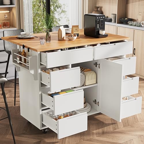 Lexiou Moderne Kücheninsel, Küchenschrank, Ausziehbarer Küchenwagen mit Rollen und Arbeitsplatte, Servierwagen mit Gewürzregal und 8 Schubladen (weiß) von Lexiou