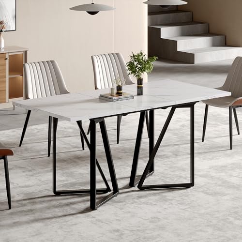Lexiou Moderner Esstisch mit Marmor-Muster, erweiterbar, mit verstellbaren Fußpolstern, ideal für Esszimmer und Küchen (Weiß+Schwarz) von Lexiou
