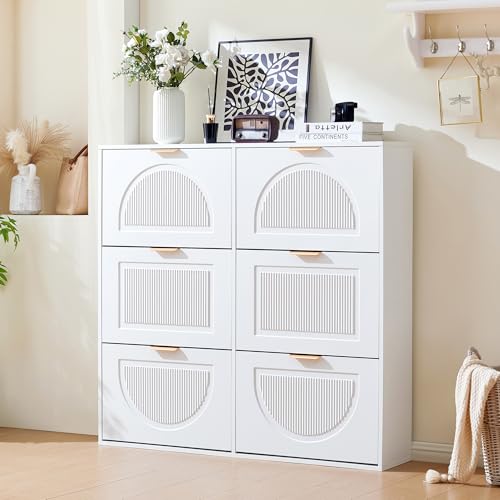 Lexiou Moderner Schuhschrank, mit 6 Klappenfächern, freistehendem Schuhregal, offenen Ablageflächen, geeignet für Eingangsbereich oder Flur, Maße: B118/H115/T25 cm von Lexiou