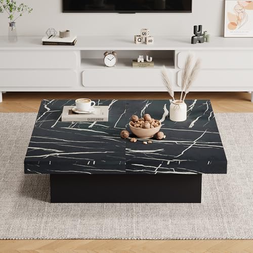 Lexiou Moderner Schwarz Quadratischer Couchtisch mit Marmor-Optik, 90 x 90 x 25 cm – Vier Schubladen, Schiebbarer Tischplatte, Belastbar bis 30 kg von Lexiou
