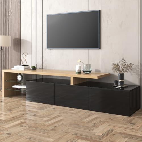 Lexiou Modernes TV-Schrank-Design: Stilvolle Eleganz, praktischer Stauraum, Holzoptik, Glasböden, LED-Beleuchtung (Schwarz) von Lexiou