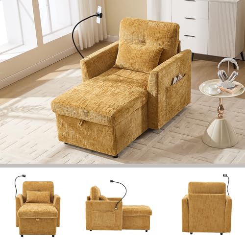 Lexiou Multifunktionales Faulenzersofa verstaubare Rückenlehne mit Handyhalterung Chenille Einzelner Freizeitstuhl für Wohnzimmer Schlafzimmer Kleiner Haushalt (Gelb) von Lexiou