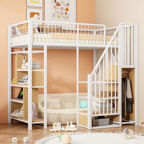 Lexiou Multifunktionales Hochbett 90 x 200 cm, Metallbett mit Stauraum, Ablageflächen und Treppe, Erwachsenenbett und Kinderbett (Weiß) von Lexiou