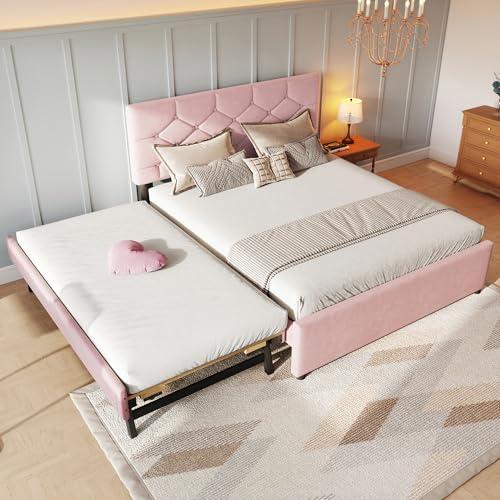 Lexiou Polsterbett, 140x200cm, Bett mit Lattenrost (ohne Matratze), Bett mit Rollcontainer, Samt, Minimalistisch (Rosa) von Lexiou