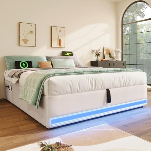 Lexiou Polsterbett, 140x200cm, Fernbedienbare LED-Leiste,Mit USB und Typ-C, Mit kleinen Aufbewahrungstaschen, Kein Kopfteil-Design, Hydraulische Speicherfunktion, Keine Matratze (Beige) von Lexiou
