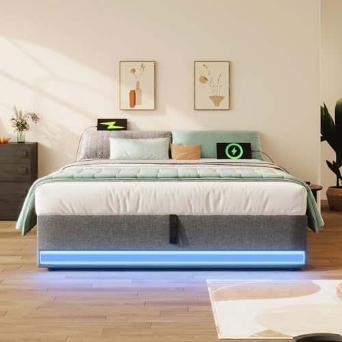 Lexiou Polsterbett, 140x200cm, Fernbedienbare LED-Leiste,Mit USB und Typ-C, Mit kleinen Aufbewahrungstaschen, Kein Kopfteil-Design, Hydraulische Speicherfunktion, Keine Matratze (Grau) von Lexiou