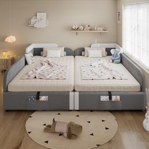 Lexiou Polsterbett, Kombiniertes Kinderbett, Hydraulisches Bett mit Stauraum, Erhöhter weicher Zaun, Aufbewahrungstasche am Fußende des Bettes, Samt+Sperrholz, 90x200cm x2 von Lexiou