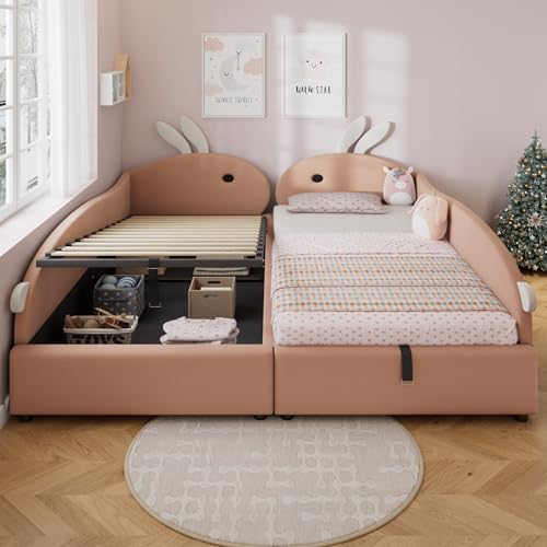 Lexiou Polsterbett, Kombiniertes Kinderbett, Niedliches Häschen-Kopfteil, Hydraulisches Bett mit Stauraum, Erhöhter weicher Zaun, Samt, Rosa+Weiß, 90x200cmX2 von Lexiou