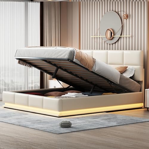 Lexiou Polsterbett 180x200 cm mit LED Beleuchtung & Hydraulisch anhebbarer Bettstauraum,Bettkasten & Lattenrost Bezug aus Kunstleder Doppelbett Erwachsenen Jugendbett (Beige) von Lexiou
