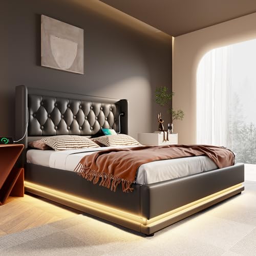 Lexiou Polsterbett Doppelbett 180x200 cm, Hydraulisches Stauraumbett, gepolstertes Kopfteil mit USB Typ-C Ladefunktion, 3-seitige LED-Funktion(Ohne Matratze) (PU, Schwarz) von Lexiou