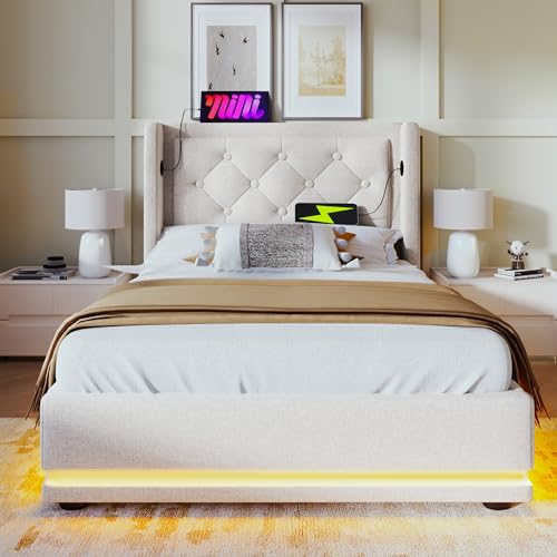 Lexiou Polsterbett Einzelbett 90x200 cm, Hydraulisches Stauraumbett, gepolstertes Kopfteil mit USB Typ-C Ladefunktion, 3-seitige LED-Funktion(Ohne Matratze) (Baumwolle, Beige) von Lexiou