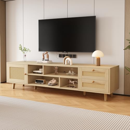 Lexiou Premium 160cm Holzfarbenes Rattan-TV-Schrank für 70-Zoll-Fernseher - Kabelmanagement, 2 Schubladen, 1 Tür,TV-Schrank, Unterschrank von Lexiou