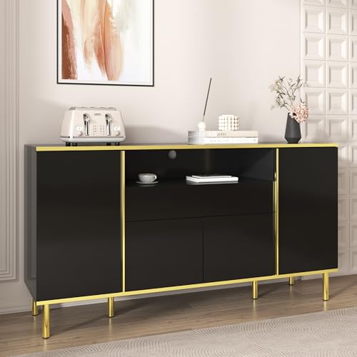 Lexiou Sideboard, hochglänzende weiße Kommode mit 2 Schubladen, Kommode,Schlafzimmerkommode, hochglänzendes Sideboard – B150/T40/H80cm (schwarz) von Lexiou