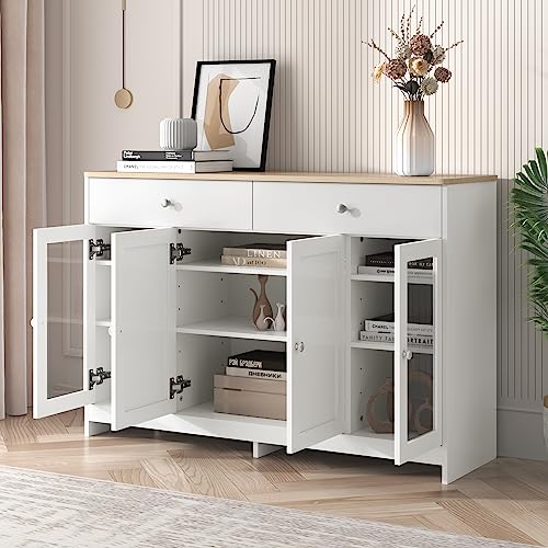 Lexiou Sideboard mit weißer Holzmaserung, Vier Türen, mit Zwei Schubladen, Tür mit Glas. Wohnzimmer, Esszimmer von Lexiou