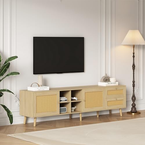 Lexiou Stilvoller TV-Schrank aus Holz und Rattan - 180x40x55 cm - 2 Rattan-Türen, 2 Rattan-Schubladen, passend für 80 Zoll TV-Gerät von Lexiou