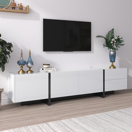 TV-Schrank, lowboard Panel mit farbblockierten Beinen in Hochglanz-Weiß und Schwarz, mit Türen und Schubladen, Türen mit Regalen. Einfaches Liniendesign. von Lexiou