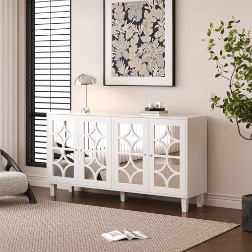 Lexiou Verspiegelte Anrichte mit kühlen Kristallgriffen, Vier Türen, mit beweglichem Laminat.für Wohn- und Esszimmer, 160 x 40 x 85cm (Weiß) von Lexiou