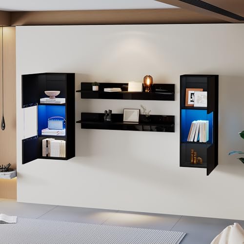 Lexiou Wandregal 4er sett, LED-Wandschrank und 2 Regale – Smarte APP-gesteuerte Beluechtung, Hochglanzoberfläche und Türen aus gehärtetem Glas, für Wohnzimmer, TV-kompatibel, TV-Schrank-Set (Schwarz) von Lexiou