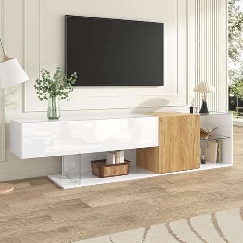 Moderne TV-Kommode in Hochglanz Weiß mit Holzoptik und Glasregalen – 180 cm, Stilvoller TV-Schrank mit Praktischer Aufbewahrung für Wohnzimmer, Minimalistisches Design, Hochwertige Verarbeitung Moderne TV-Kommode in Hochglanz Weiß mit Holzoptik und Glasregalen – 180 cm, Stilvoller TV-Schrank mit Praktischer Aufbewahrung für Wohnzimmer, Minimalistisches Design, Hochwertige Verarbeitung von Lexiou