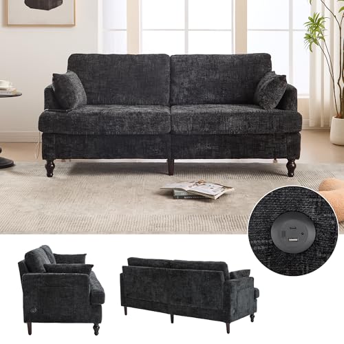 Modernes 2-sitziges Chenille-Sofa mit Holzbeinen, LED-Licht, USB-Ladeanschluss und Aufbewahrungstasche Wohnzimmer-Schlafzimmer-Arbeitszimmer (Schwarz) von Lexiou