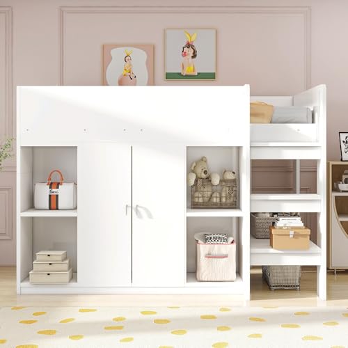 Multifunktionales Hochbett 90X200cm mit Stauraum, Schrank und Regalen – Kinderbett mit Leiter und Stabiler Konstruktion (Weiß) von Lexiou