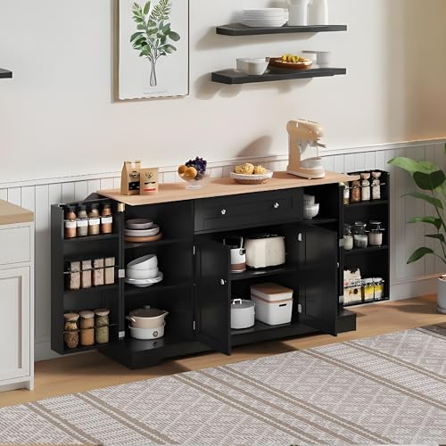 Multifunktionales Küchenbuffet – 138 cm Sideboard mit Schublade, Regaltüren & verstellbaren Einlegeböden – Modernes Design mit Kippschutz, ideal für Küche, Wohnzimmer & Schlafzimmer (Holz+Schwarz) von Lexiou