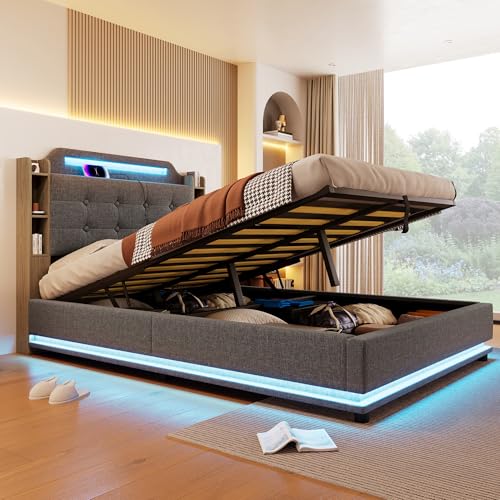 Polsterbett, 140x200cm, Mit LED-Lichtleiste, hydraulischer Stauraum, mehrere Ablagefächer, ohne Matratze, USB + Type-C, Leinen (Grau) von Lexiou