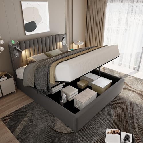 Polsterbett 180x200,Doppelbett Stauraum Bettkasten,Leselicht mit USB Ladefunktion Kopfteil,Rückenlehne mit Nietendesign,Bett mit Lattenrost und Bettkasten(Ohne Matratze) (Grau) von Lexiou