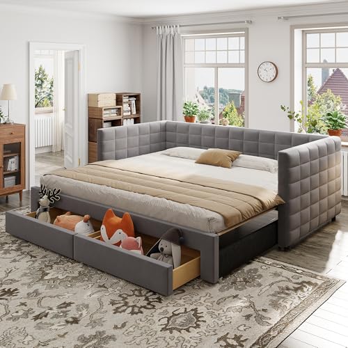Polsterbett 3-in-1 Ausziehbares Schlafsofa 90 x 190 cm, Multifunktionsbett, mit Schubladen, umbaubar in Einzel-/Doppelbett mit Lattenrost, Baumwolle und Leinen (Grau) von Lexiou