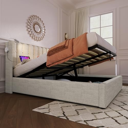 Polsterbett Doppelbett Leselicht mit Ladefunktion Kopfteil Stauraum Bettgestell Leinenmaterial Jugendbett 160x200 mit lattenrost von Lexiou