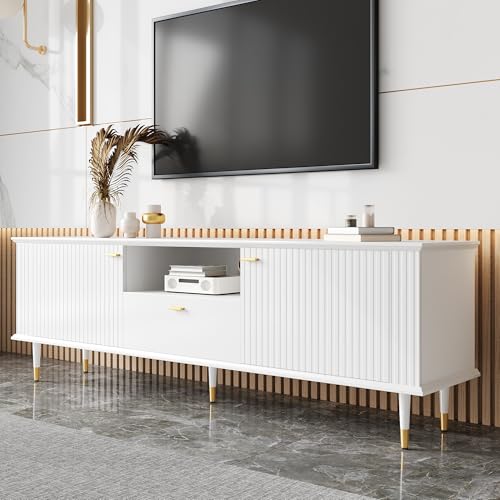 TV-Schrank mit offenen Fächern und Schubladen, lackierte Strukturoberfläche, Soft-Close-Scharniere (Weiß) von Lexiou
