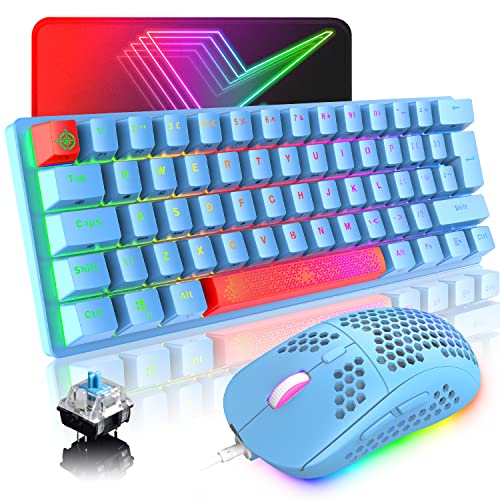 Gaming-Tastatur (Red Blue) UK Layout Mechanische Spieletastatur RGB 14 Hintergrundbeleuchtungseffekte Mini 62 Tasten Kabel Typ C + Leichtes RGB 6400DPI Wabenmaus + Mauspad Kompatibel von LexonElec